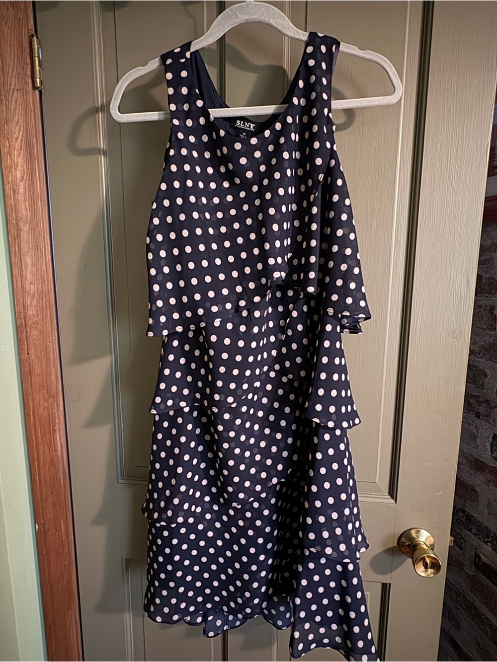 SLNY Navy Polka Dot Tiered Midi Dress